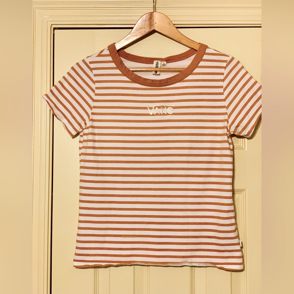 Vans Womens Baby Tee Gold White Striped Shirt Size L Embroidered Logo